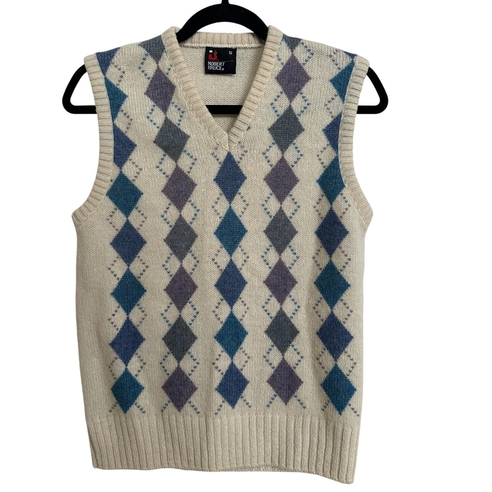 Robert Bruce Vintage 80s Argyle V-Neck Sweater Vest Knit Cream Blue‎ S